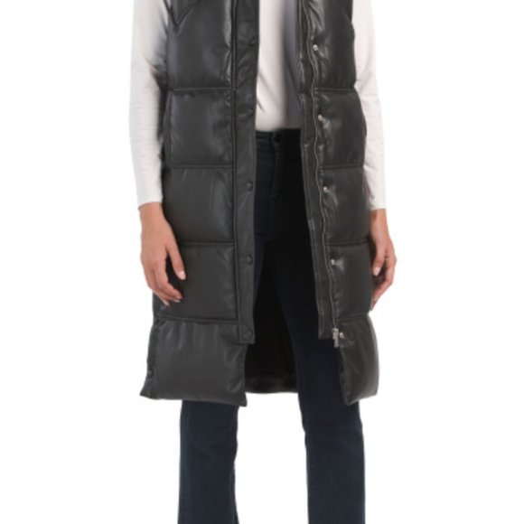 NWT 7 for All Mankind Black Faux Leather Long Puffer Vest Extra Small - Picture 2 of 15